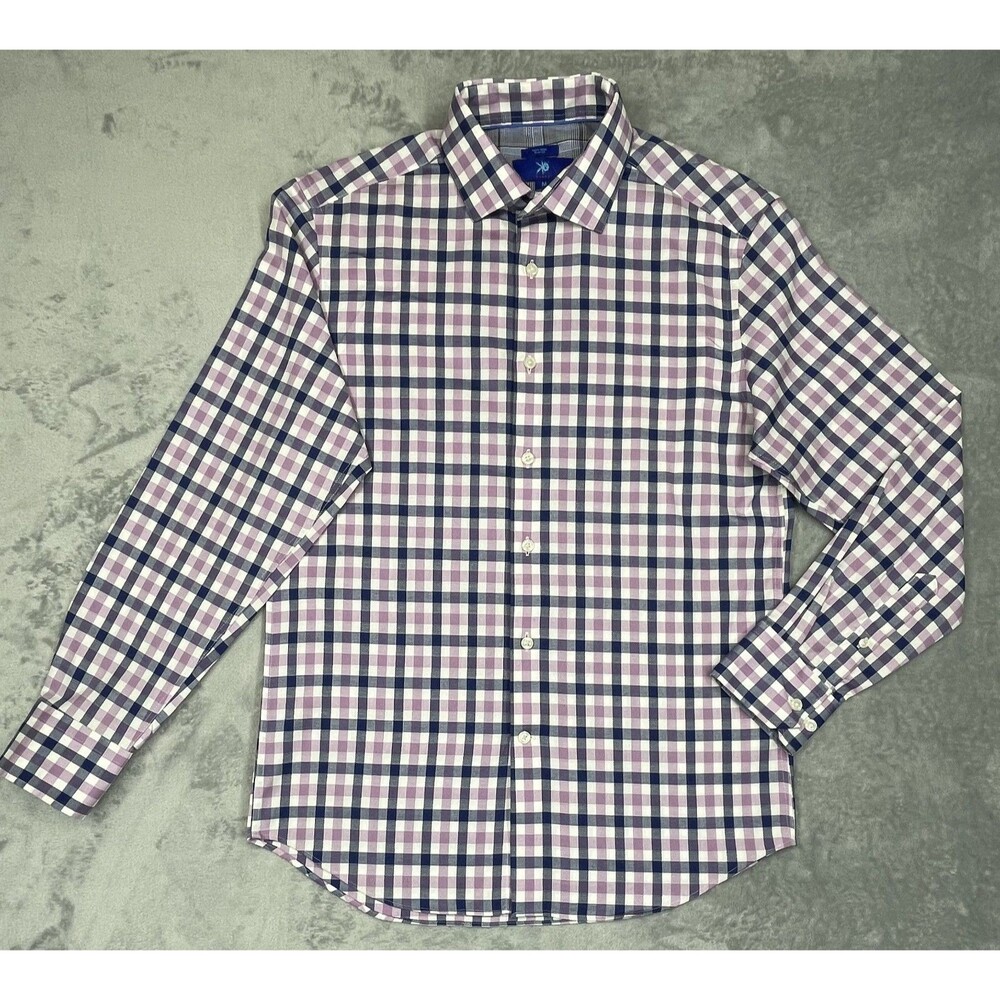 Egara Shirt Men's Medium Non-Iron Slim Fit 100% Cotton Purple Plaid Button Up